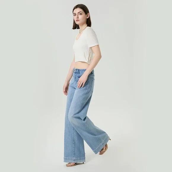 Women Jeans Wide Leg High Rise Stretchy Loose Baggy Casual Trousers - Picture 5 of 7